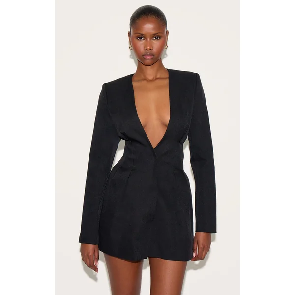 Black Woven Pleated Shift Blazer Dress