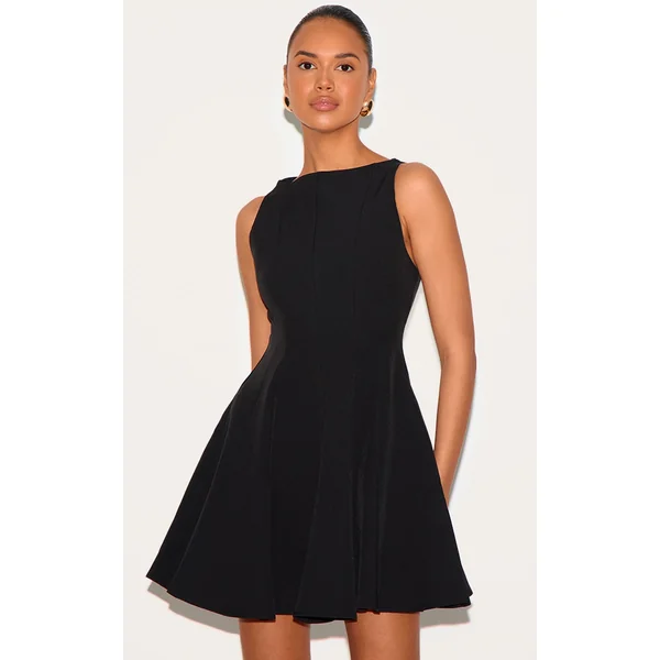 Black Woven Pleated Shift Dress