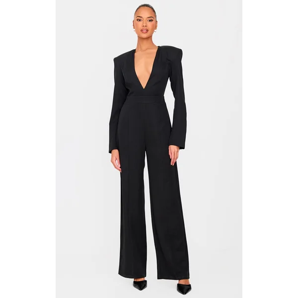 Black Woven Plunge Long Sleeve Straight Leg Jumpsuit