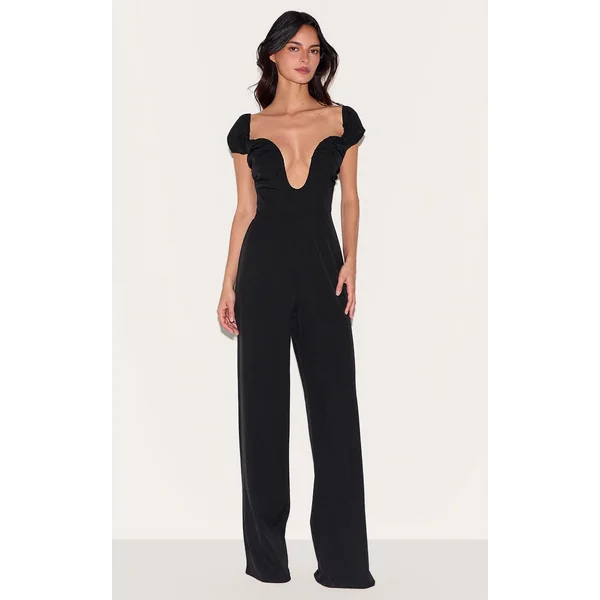 Black Woven Plunge Straight Leg Jumpsuit