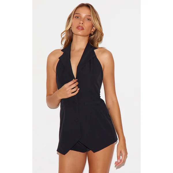 Black Woven Plunge Vest Skort Romper