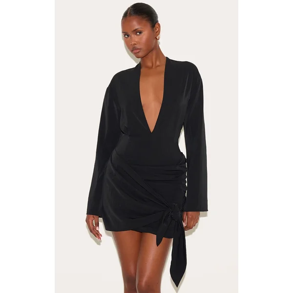Black Woven Plunge Wrap Shirt Dress