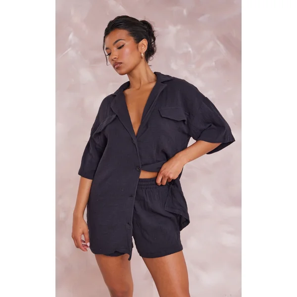 Black Woven Pocket Detail Short Sleeved Oversized Shirt