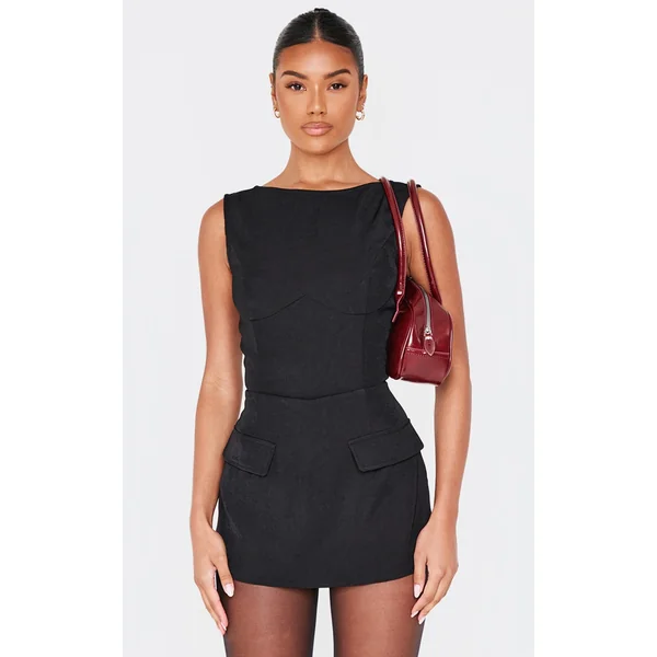 Black Woven Pocket Detail Sleeveless Skort Romper