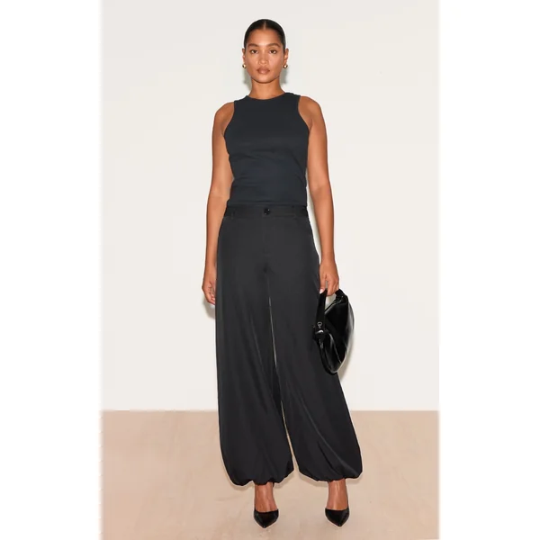 Black Woven Puffball Cuffed Pants