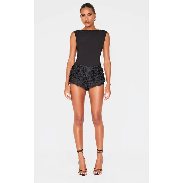 Black Woven Rose Applique Boat Neck Romper