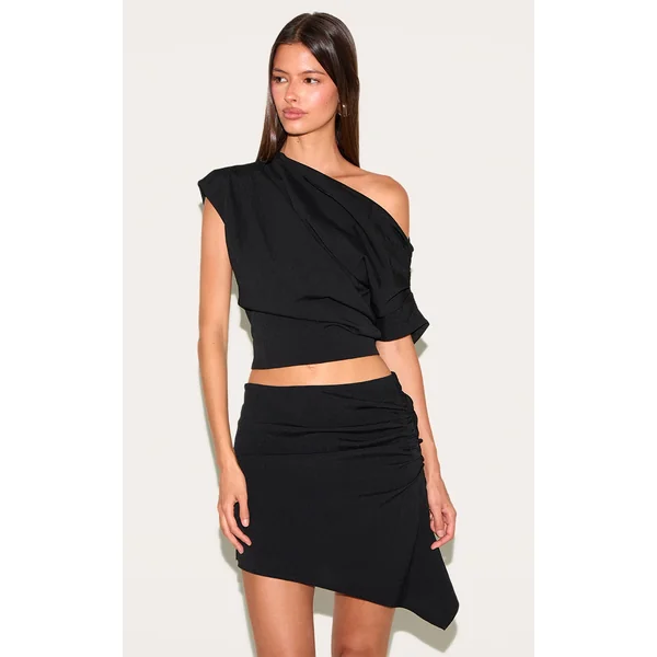 Black Woven Ruched Asymmetric One Shoulder Top