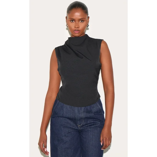 Black Woven Ruched High Neck Top