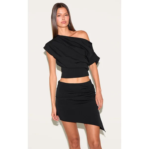 Black Woven Ruched Mid Rise Mini Skirt