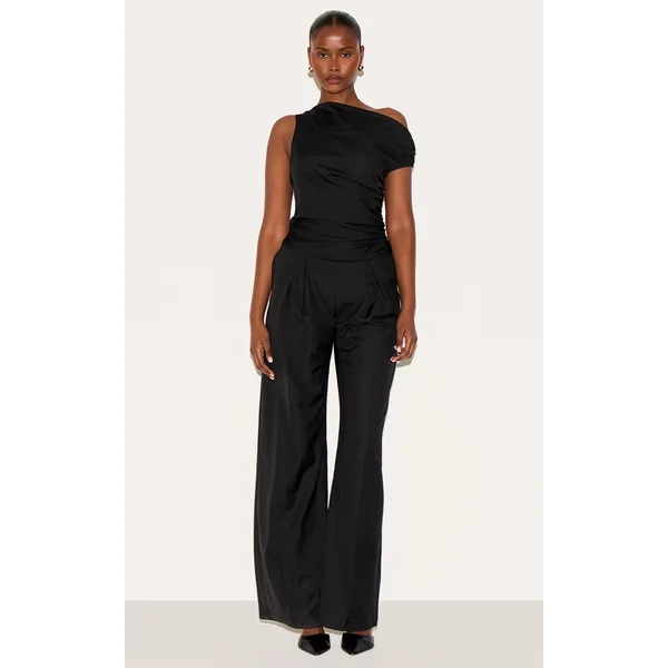 Black Woven Ruched One Sleeve Jumpsuit