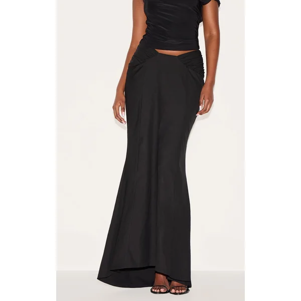 Black Woven Ruched Waist Detail Maxi Skirt