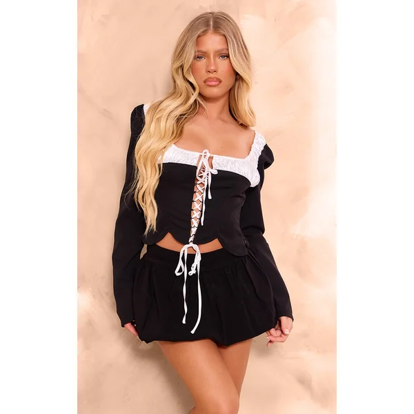 Black Woven Satin Ruched Bust Tie Front Top