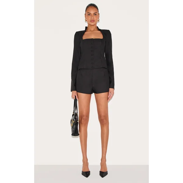 Black Woven Scoop Neck Button Detail Romper