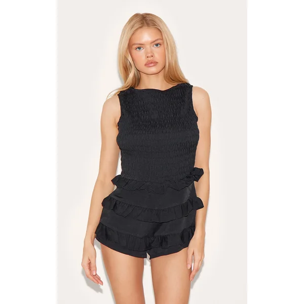 Black Woven Shirred Boat Neck Romper