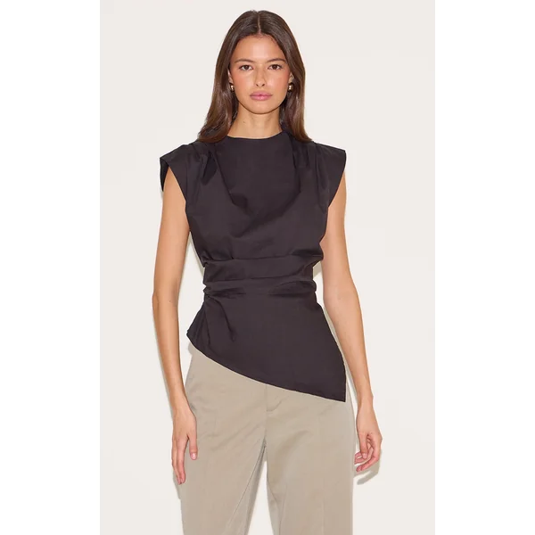 Black Woven Shoulder Detail Asymmetric Hem Long Top