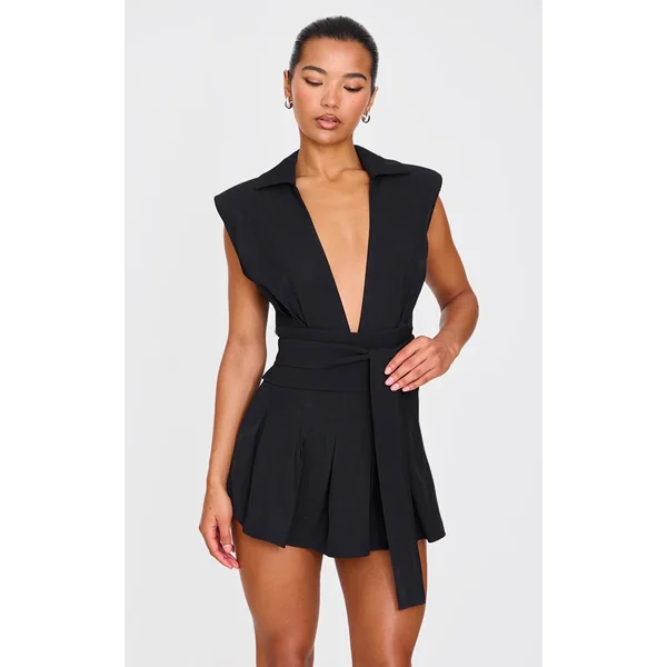 Black Woven Shoulder Pad Sleeveless Skort Romper
