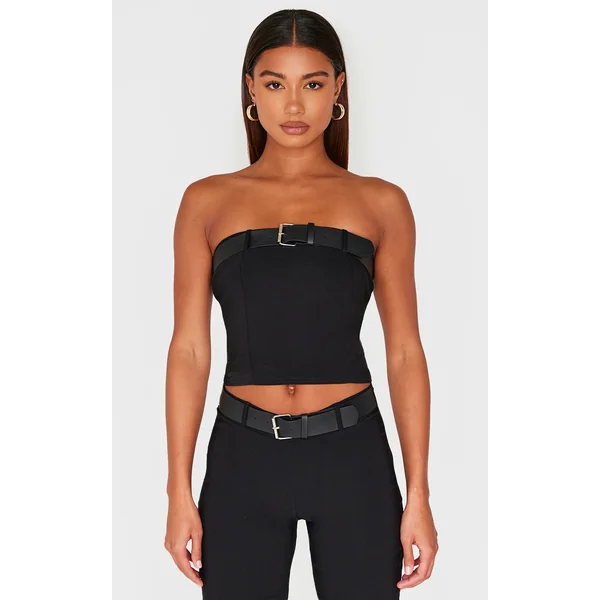 Black Woven Stretch Belted Bandeau Top