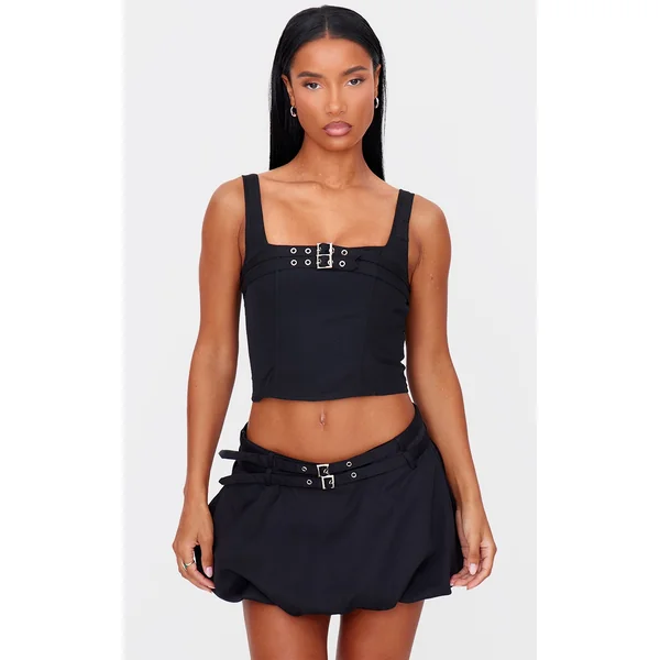Black Woven Tailored Belt Detail Crop Top