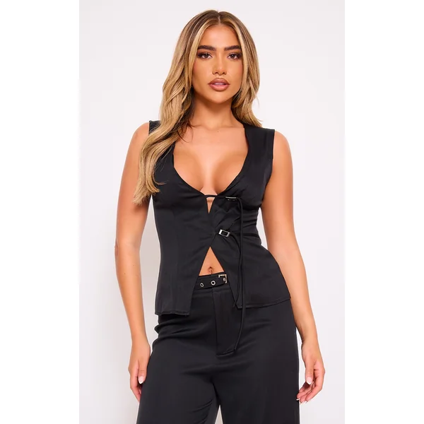 Black Woven Tailored Belt Detail Vest