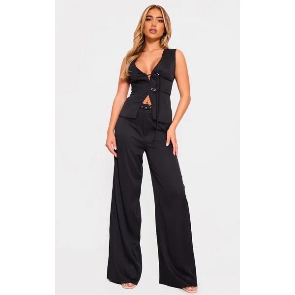 Black Woven Tailored Belt Detail Wide Leg Pants