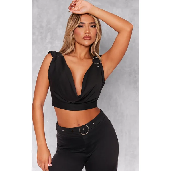 Black Woven Tailored Cowl Neck Ring Detail Top