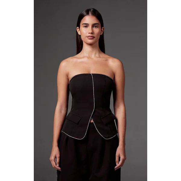 Black Woven Tailored Diamante Trim Bandeau Top