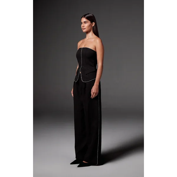 Black Woven Tailored Diamante Trim Wide Leg Pleated Pants