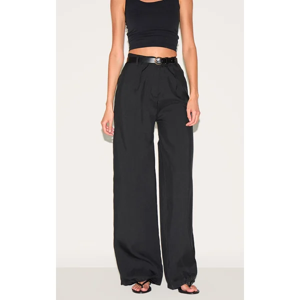 Black Woven Tailored High Waist Wide Leg Pants