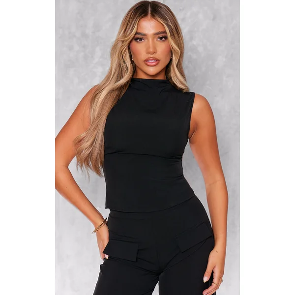 Black Woven Tailored Longline Zip Up Top