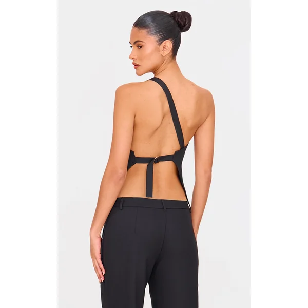 Black Woven Tailored One Shoulder Long Top