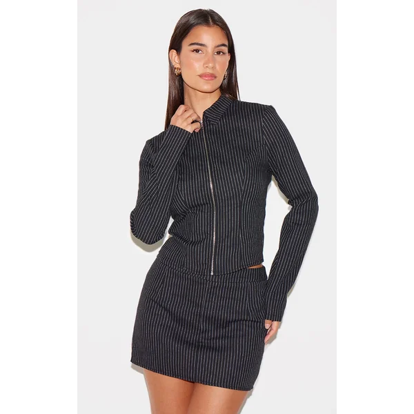 Black Woven Tailored Pinstripe Ruched Zip Up Top