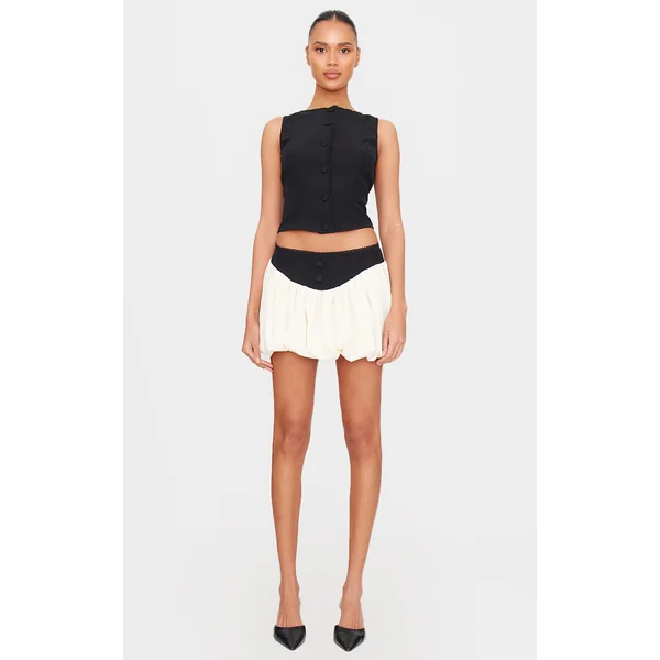 Black Woven Tailored Trim Detail Puff Ball Skirt