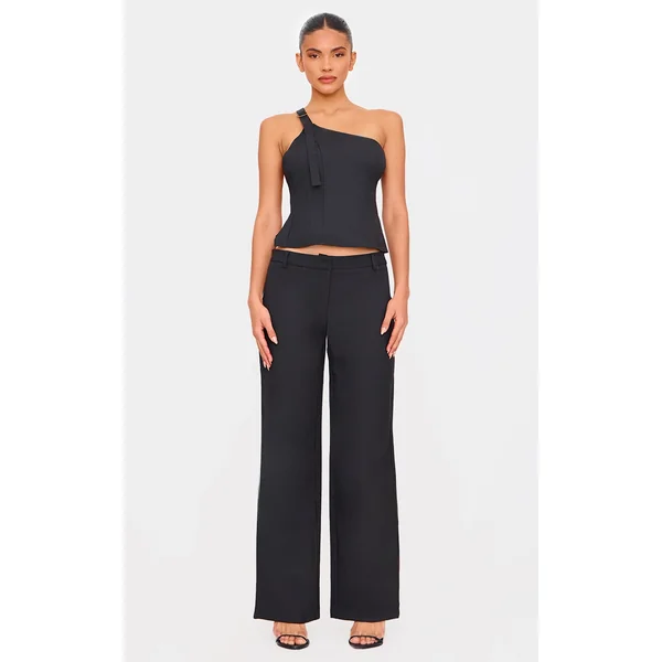 Black Woven Tailored Wide Leg Belt Detail Pants