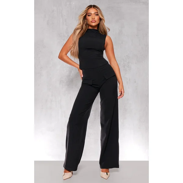 Black Woven Tailored Wide Leg Pocket Detail Pant