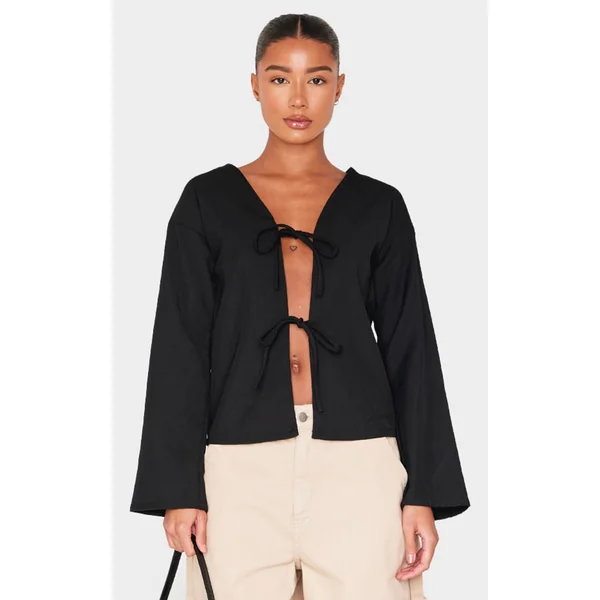 Black Woven Tie Front Flared Sleeve Shirt