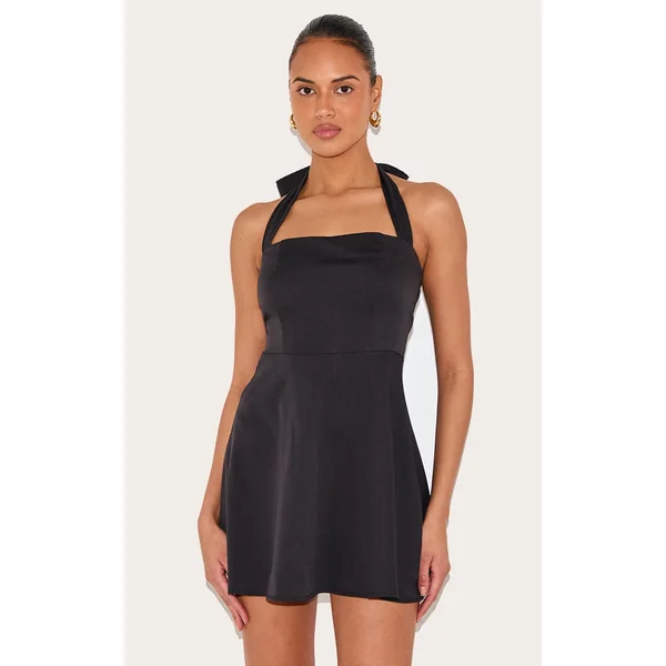 Black Woven Tie Neck Shift Dress