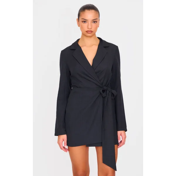 Black Woven Tie Wrap Blazer Dress