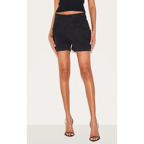 Black Woven Twill Pocket Detail Cargo Shorts