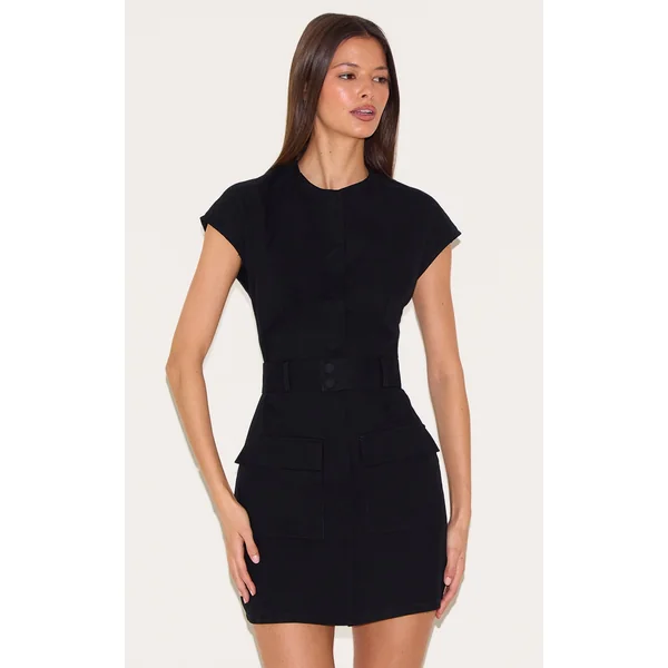 Black Woven Utility Pocket Detail Mini Dress