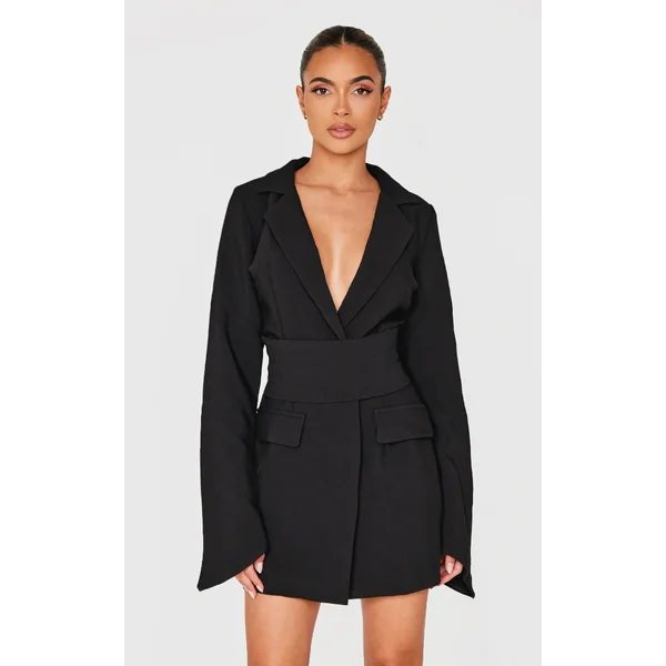 Black Woven Wrap Belted Blazer Dress
