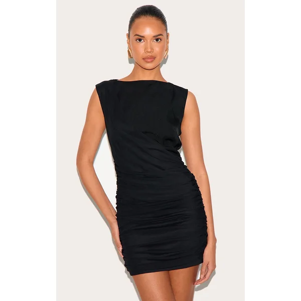 Black Woven Wrap Ruched Mini Dress