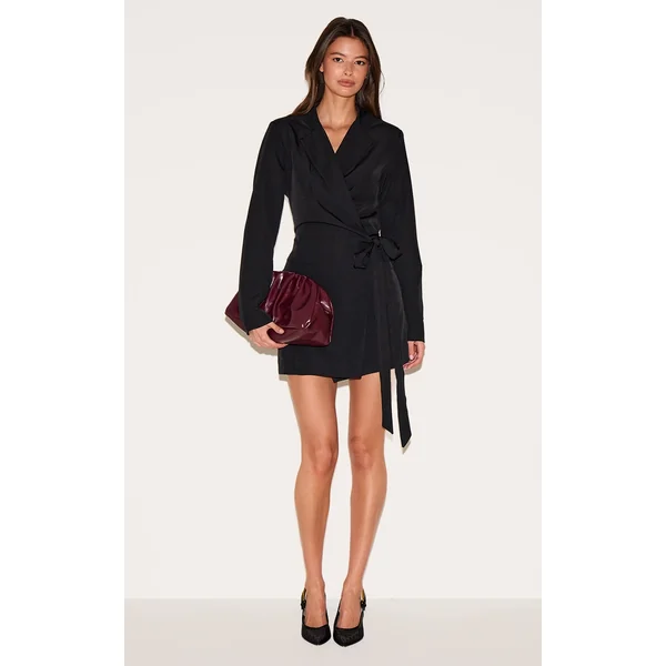 Black Woven Wrap Tie Blazer Dress