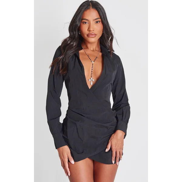 Black Wrap Detail Shirt Dress