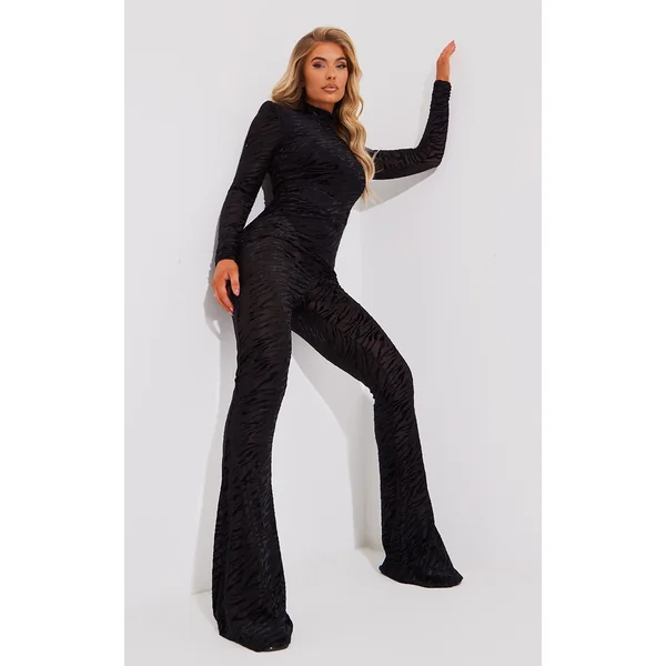Black Zebra Devore High Neck Flared Jumpsuit