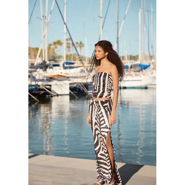 Black Zebra Print Double Layer Slinky Twist Split Floaty Maxi Skirt