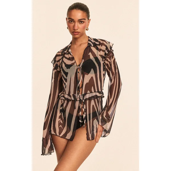 Black Zebra Printed Mesh Frilly Tie Front Beach Top