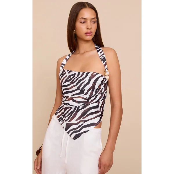 Black Zebra Satin Bead Detail Backless Top