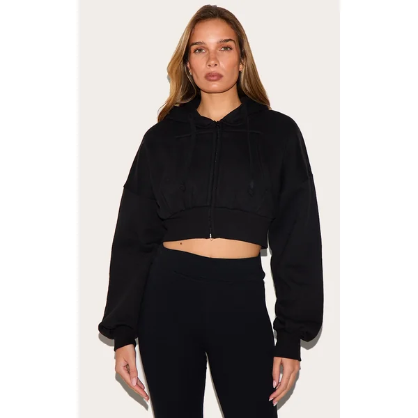 Black Zip Up Pocket Detail Cropped Hoodie