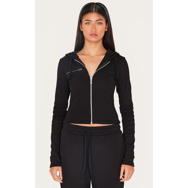 Black Zip Up Ribbed Track Top