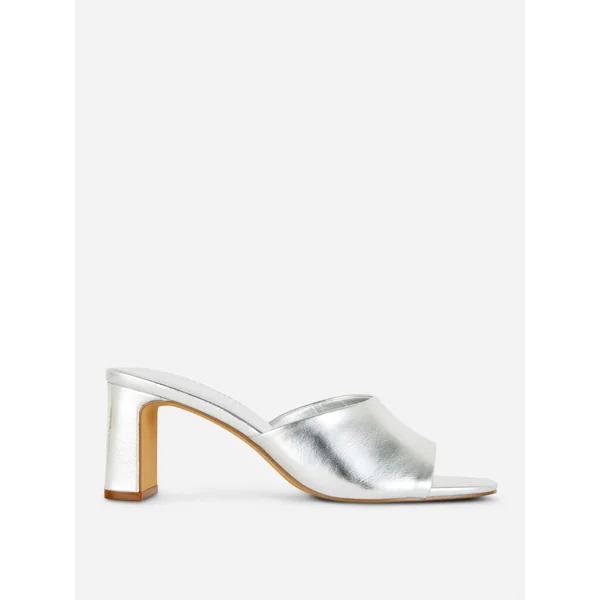 Block Heel Mules - Silver